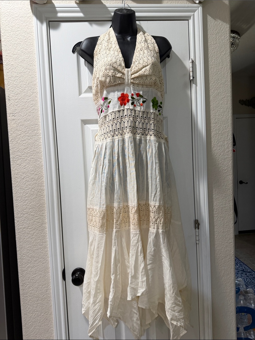 Vintage Crochet Embroidered Boho Halter Maxi Dress